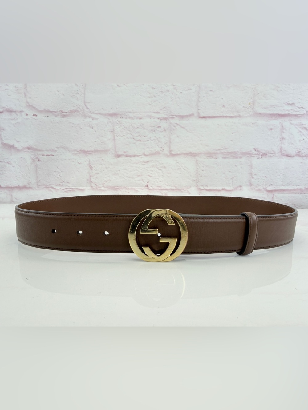 Gucci Brown Leather Belt with Gold Double G Buckle 370543 85/34